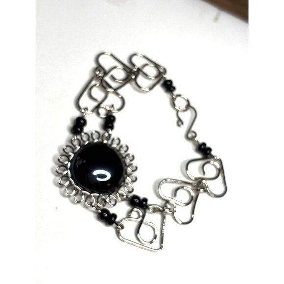 Silver & Black Stone Heart Link Bracelet With Box - Picture 9 of 9